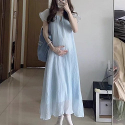 網紅爆款小飛袖系帶連衣裙女夏季顯瘦氣質法式超仙森系仙女長裙子