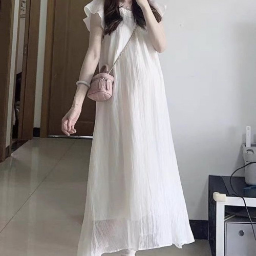 網紅爆款小飛袖系帶連衣裙女夏季顯瘦氣質法式超仙森系仙女長裙子
