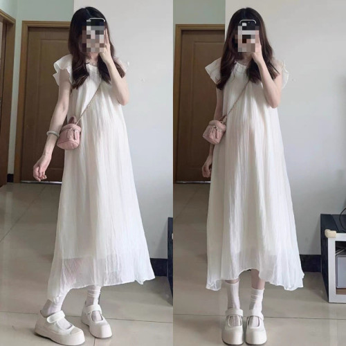 網紅爆款小飛袖系帶連衣裙女夏季顯瘦氣質法式超仙森系仙女長裙子