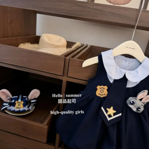 甜品起司女童兔子警官硃迪連衣裙女寶寶jk可愛學院風花苞背心裙子