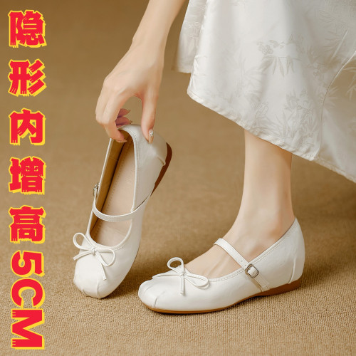 羊皮版~5cm內增高瑪麗珍女鞋2025新款夏季法式芭蕾舞淺口銀色單鞋