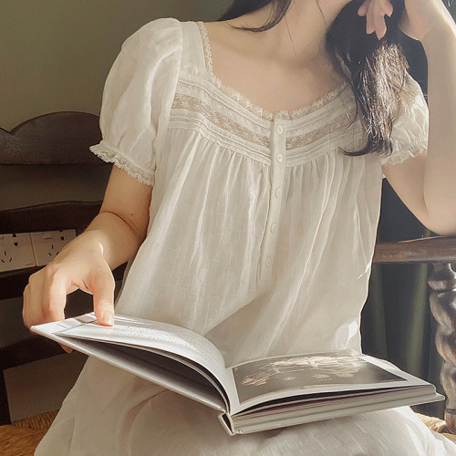 睡裙女短袖純棉夏季薄款睡衣白色甜美宮廷風公主全棉可外穿家居服