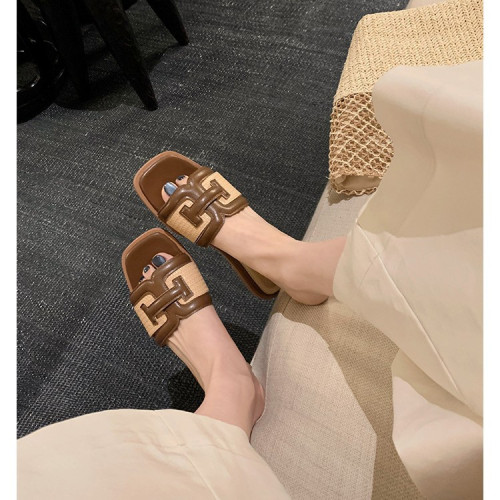 葡萄媽同款~度假風方頭草編拼接百搭撞色涼拖女夏
