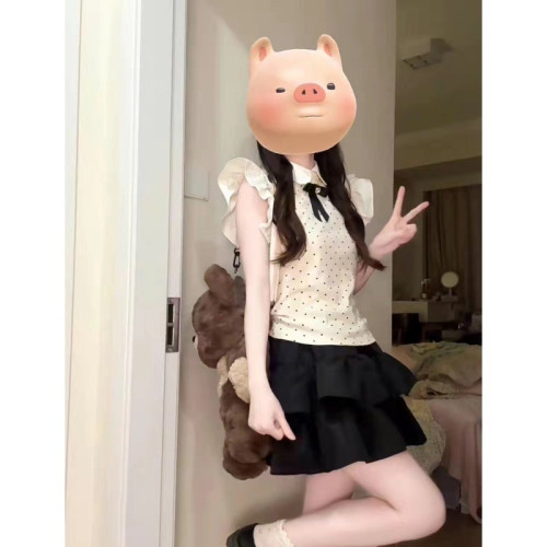 2024夏季甜美愛心波點小飛袖娃娃領上衣蓬蓬裙套裝新森系兩件套