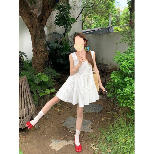 2025新款純色立體蝴蝶結無袖背心連衣裙女夏季寬松蛋糕蓬蓬裙短裙