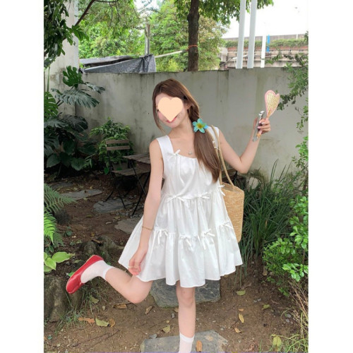2025新款純色立體蝴蝶結無袖背心連衣裙女夏季寬松蛋糕蓬蓬裙短裙
