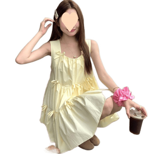 2025新款純色立體蝴蝶結無袖背心連衣裙女夏季寬松蛋糕蓬蓬裙短裙