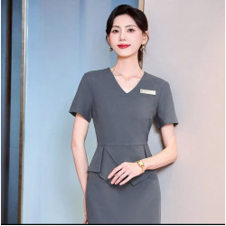 洋氣短袖高級連衣裙新款時尚夏季職業工裝氣質珠寶店酒店賓館前台