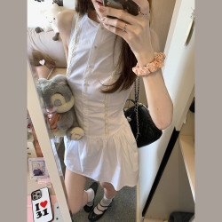 法式氣質無袖背心白色連衣裙子女2025年夏季新款絕美蕾絲收腰短裙