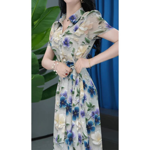 洋氣復古媽媽裝收腰短袖連衣裙翻領時尚小個子媽媽夏季氣質裙子