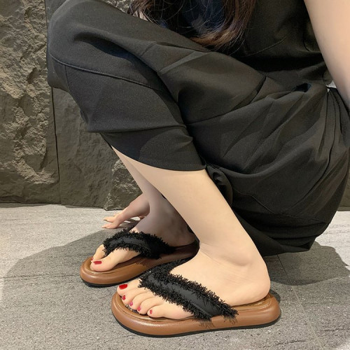 法式復古夾趾女士厚底流蘇拖鞋2025夏外穿人字拖休閒增高沙灘涼拖