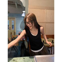撞色假兩件大圓領外穿小背心女夏新款修身顯瘦無袖上衣