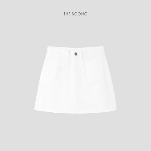 THESOONG/南法盛夏 復古洗水輕薄中腰A字口袋牛仔短裙