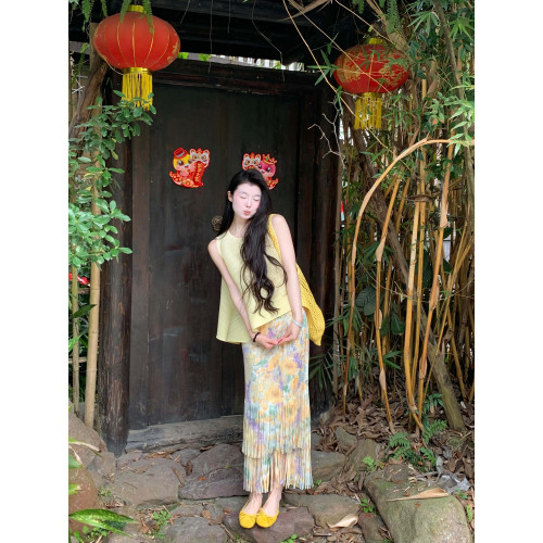 度假碎花雙層流蘇半身裙褶皺百褶裙高級感仙女裙今年流行套裝裙