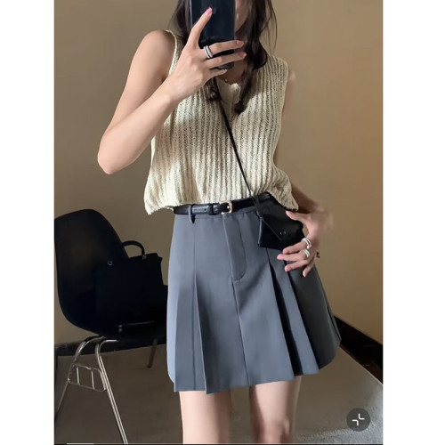 學院風百褶半裙子女夏新款A字裙配腰帶半身裙裙褲（自帶打底褲）