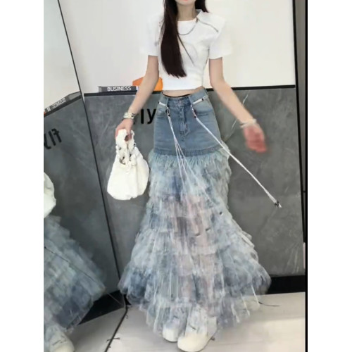 藍色紥染牛仔拼接半身裙女夏季新款洋氣蛋糕裙百搭時尚顯瘦a字裙