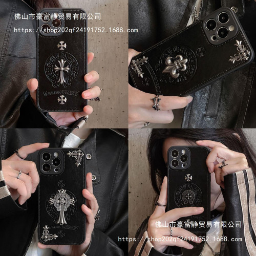 潮牌克心羅皮質適用蘋果14Promax手機殼13金屬支架iPhone15個性12