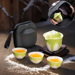 創意白菜百財納福旅行茶具套裝陶瓷三杯戶外快客杯創意可攜式隨身