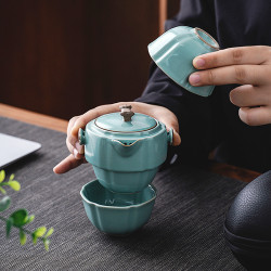 旅行茶具一壺二杯可攜式天青汝窰快客杯汝瓷可養戶外泡茶壺禮品