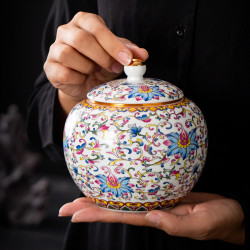 青花茶葉罐陶瓷密封罐家用高檔大號半斤裝儲存復古琺瑯彩纏枝蓮罐