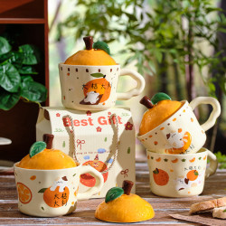 可愛橘子貓馬克杯高顔值家用早餐杯帶蓋大吉大利陶瓷咖啡杯