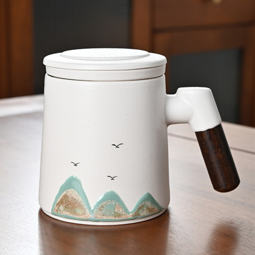 手繪千里江山水杯文創辦公杯商務茶水分離茶杯禮品套裝陶瓷伴手禮