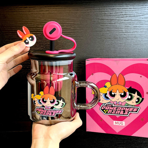 飛天小女警玻璃杯子女生高顔值2025新款吸管水杯泡茶分離夏日