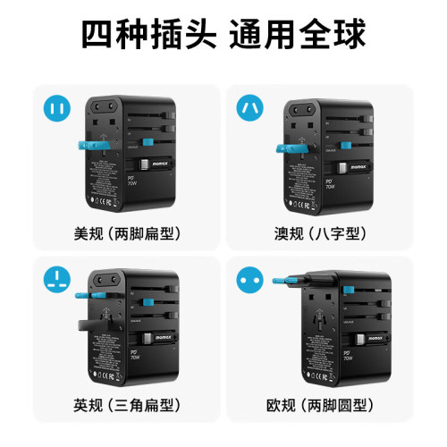 新品MOMAX摩米士70W氮化鎵全球通用旅行轉換插頭自帶線PD快充充電