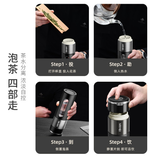 男士玻璃泡茶杯2025新款大容量一鍵開蓋雙層防摔防爆茶水分離杯子