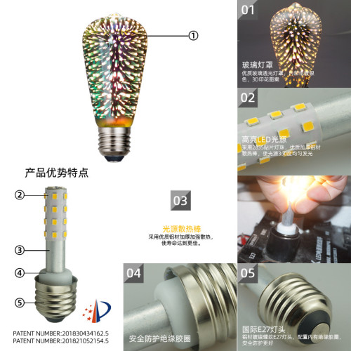 LED3D菸花燈泡E27燈泡ST64菸花燈泡節日喜慶聖誕氛圍裝飾玻璃球泡
