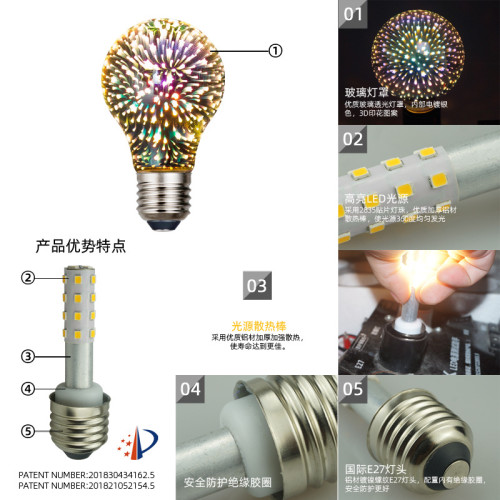LED3D菸花燈泡E27螺口 A60玻璃泡節日喜慶聖誕氛圍裝飾玻璃罩光源
