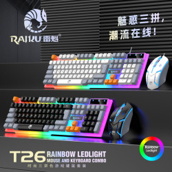 雷魁T26有線拼色遊戯鍵盤滑鼠套裝發光手感桌上型電腦筆電鍵鼠
