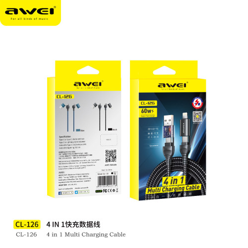 AWEI用維CL-126鋁合金外殼多機型兼容充電線 四頭快充數據線