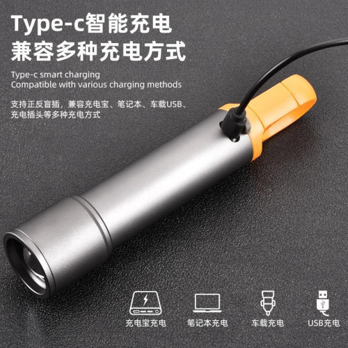 LED戶外強光多功能Type-C充電鋁合金尾部掛鉤手電筒可攜式