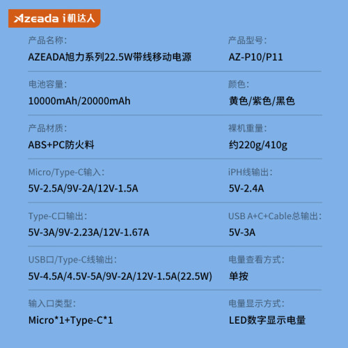 AZEADA 行動電源22.5w充電寶2w安培自帶線快充超薄可攜式禮品