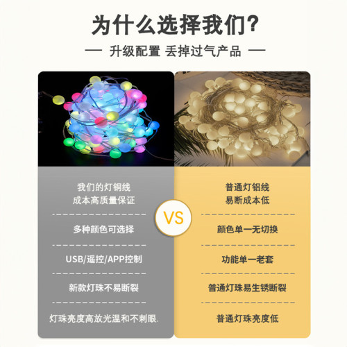圓珠燈串APP藍牙幻彩皮線燈戶外露營房間裝飾usb彩燈氛圍燈串