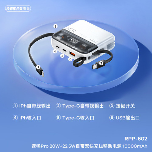 remax 速暢Pro 20000安培自帶雙線快充充電寶 大容量行動電源