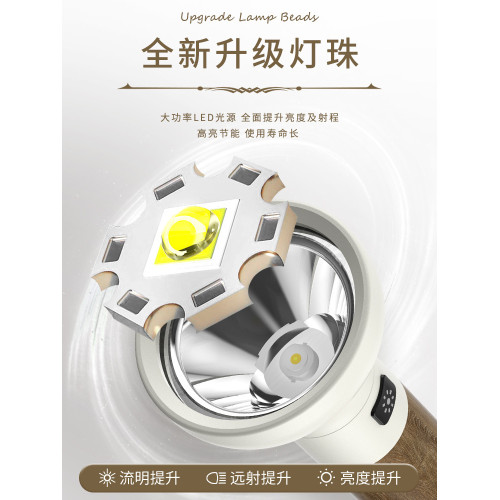 新款復古木紋強光手電 戶外LED充電可攜式家用照明應急手電筒
