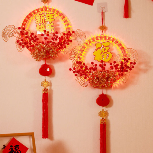 發光新年快樂花環led彩燈2025春節室內牆壁蛇年氛圍裝飾布置掛件