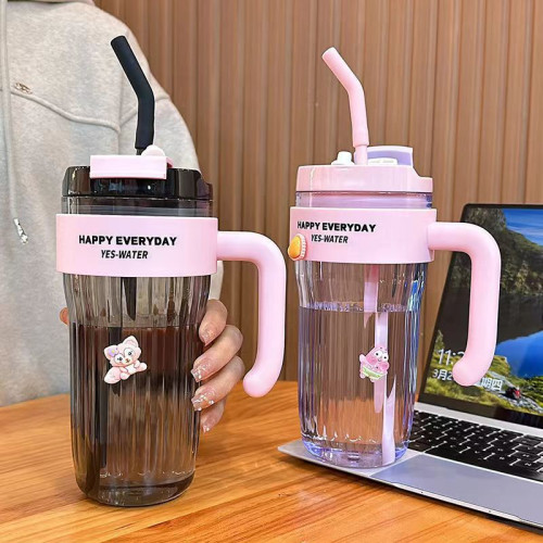 大容量水杯高顔值花茶手柄吸管雙飲咖啡杯家用辦公隨手杯學生妹杯
