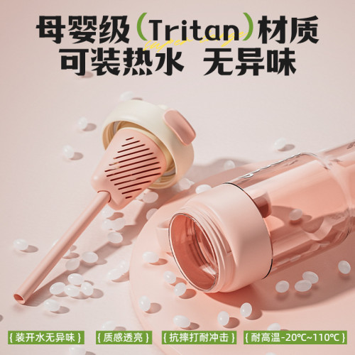 恩爾美大容量TRITAN塑膠杯茶水分離吸管杯可攜式背帶孕婦兒童水杯子