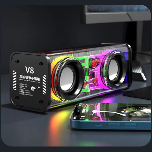 V8透明機甲藍牙音箱雙喇叭桌面小鋼砲音響低音砲潮玩無線藍牙音響