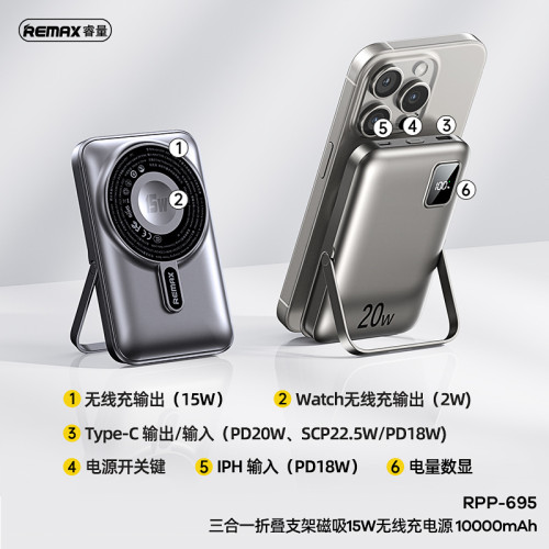 remax 三合一磁吸無線充電行動電源 支架10000安培手機快充充電寶