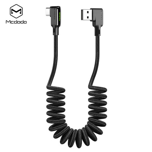 麥多多TYPE-C數據線雙彎頭帶燈黑膠系列QC快充彈簧伸縮充電線手遊