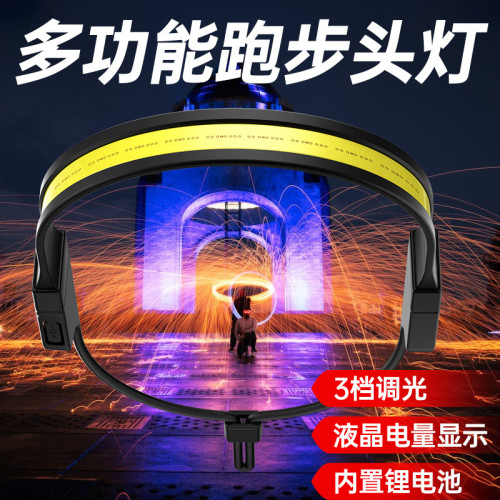 新款雙光源矽膠大泛光COB頭燈智能電顯充電戶外多功能跑步頭戴燈