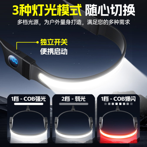 新款雙光源矽膠大泛光COB頭燈智能電顯充電戶外多功能跑步頭戴燈
