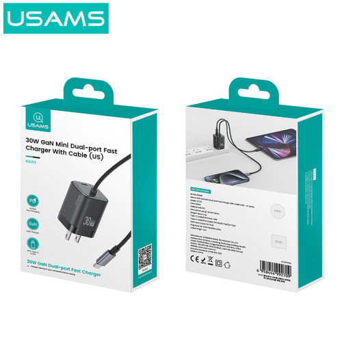 USAMS充電頭PD30W氮化鎵自帶Typec線充電快充頭適用蘋果安卓快充