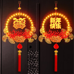 發光新年快樂花環LED彩燈掛件2025蛇年氛圍掛門貼裝飾布置掛飾