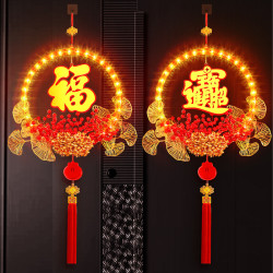 新年發光招財進寶花環LED彩燈掛件2025蛇年氛圍掛門上裝飾布置