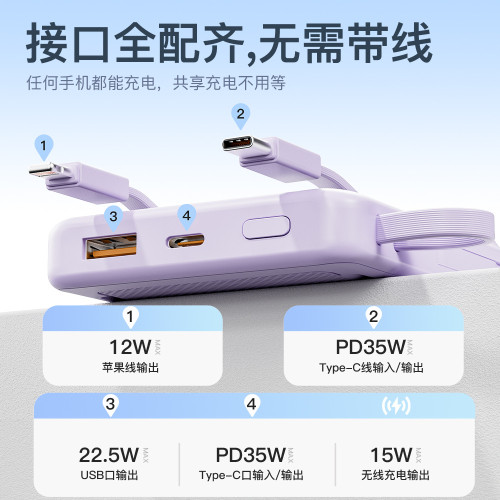 新款磁吸無線充電寶PD35W快充20000安培大容量便捷自帶線行動電源